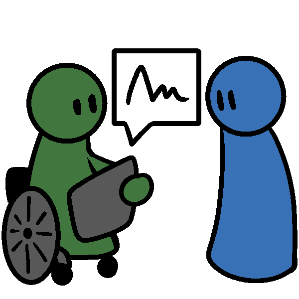  A green person in a wheelchair looking to a blue standing person. The green person is holding a gray tablet with a speech bubble coming from it.